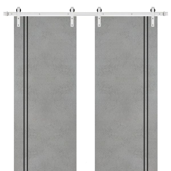 Sliding Double Barn Doors with Hardware | Planum 0016 Concrete | Silver 13FT Rail Hangers Sturdy Set | Modern Solid Panel Interior Hall Bedroom Bathroom Door