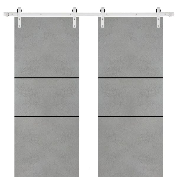 Sliding Double Barn Doors with Hardware | Planum 0014 Concrete | Silver 13FT Rail Hangers Sturdy Set | Modern Solid Panel Interior Hall Bedroom Bathroom Door