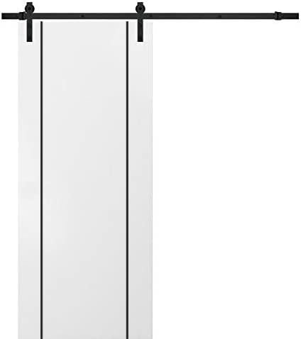Sturdy Barn Door with Hardware | Planum 0017 White Silk | 6.6FT Rail Hangers Heavy Set | Modern Solid Panel Interior Doors-18" x 80"-Black Rail