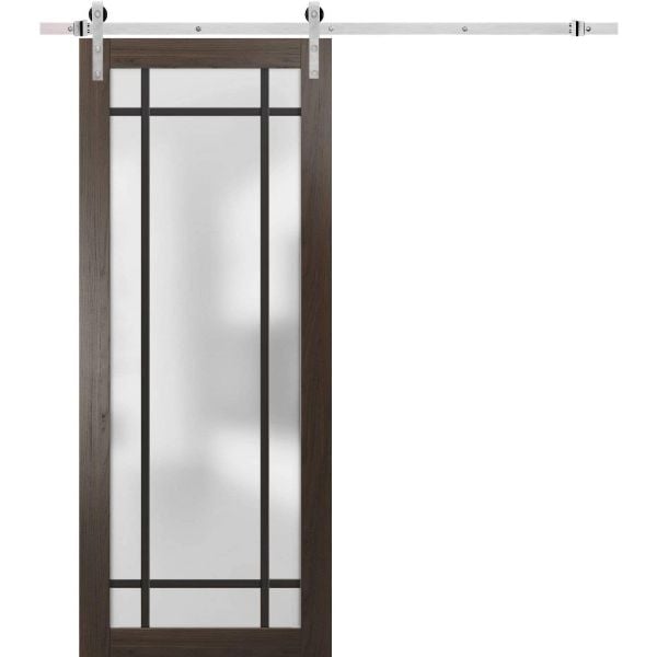 Sturdy Barn Door | Planum 2112 Chocolate Ash with Frosted Glass | 6.6FT Silver Rail Hangers Heavy Hardware Set | Modern Solid Panel Interior Doors
