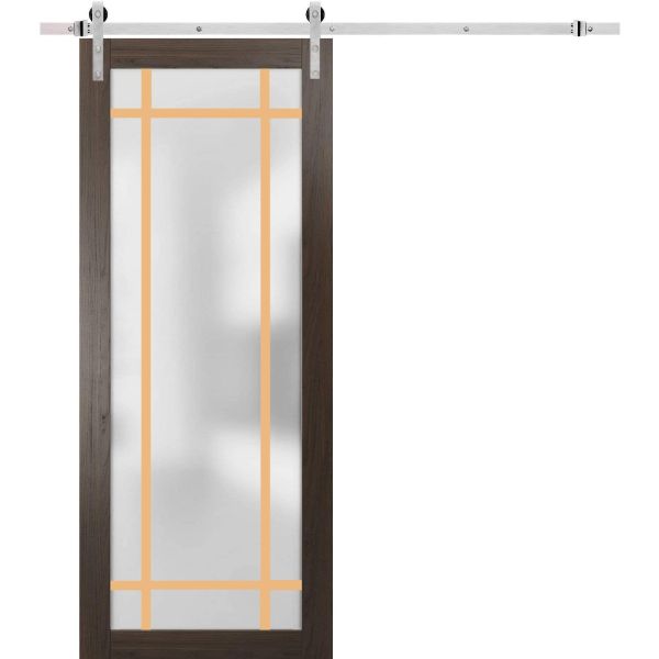 Sturdy Barn Door | Planum 2113 Chocolate Ash with Frosted Glass | 6.6FT Silver Rail Hangers Heavy Hardware Set | Modern Solid Panel Interior Doors