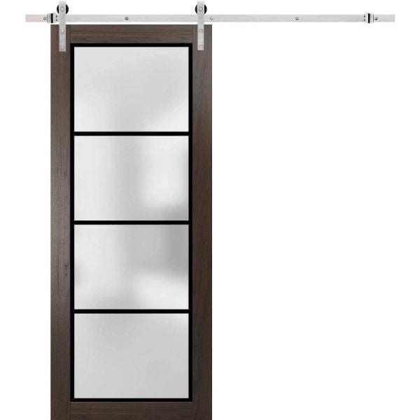 Sturdy Barn Door | Planum 2132 Chocolate Ash with Frosted Glass | 6.6FT Silver Rail Hangers Heavy Hardware Set | Modern Solid Panel Interior Doors