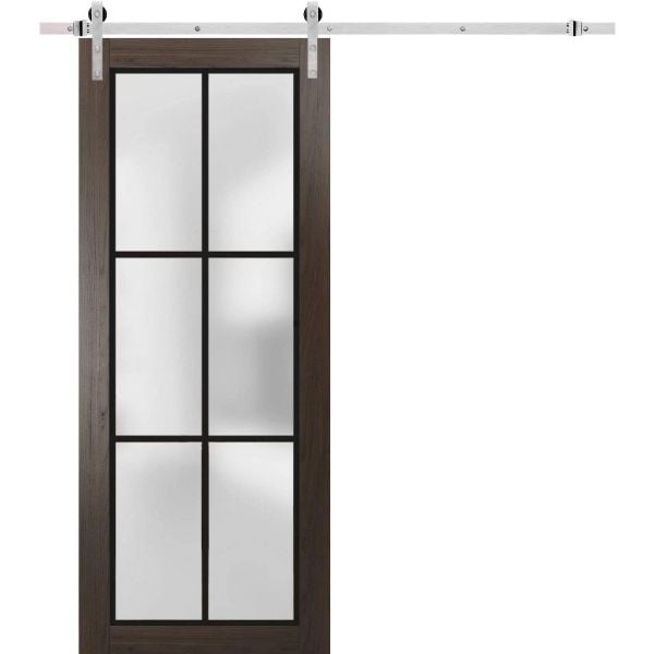 Sturdy Barn Door | Planum 2122 Chocolate Ash with Frosted Glass | 6.6FT Silver Rail Hangers Heavy Hardware Set | Modern Solid Panel Interior Doors