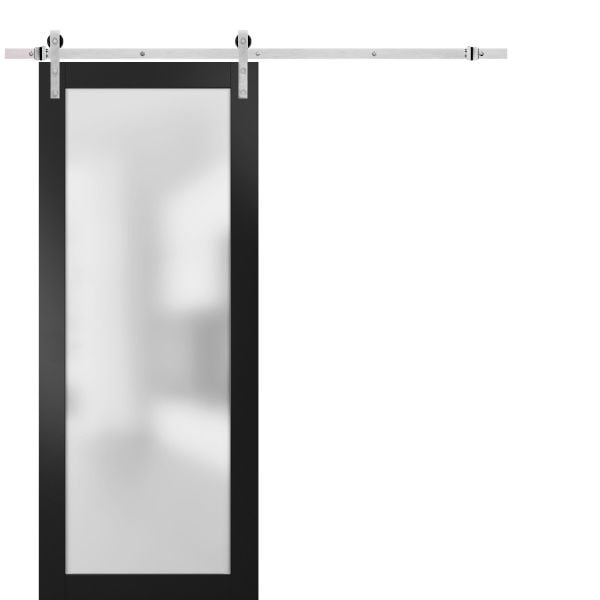 Sturdy Barn Door | Planum 2102 Matte Black with Frosted Glass | 6.6FT Silver Rail Hangers Heavy Hardware Set | Modern Solid Panel Interior Doors