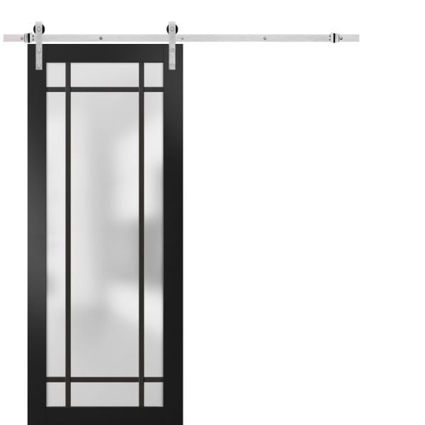 Sturdy Barn Door | Planum 2112 Matte Black with Frosted Glass | 6.6FT Silver Rail Hangers Heavy Hardware Set | Modern Solid Panel Interior Doors