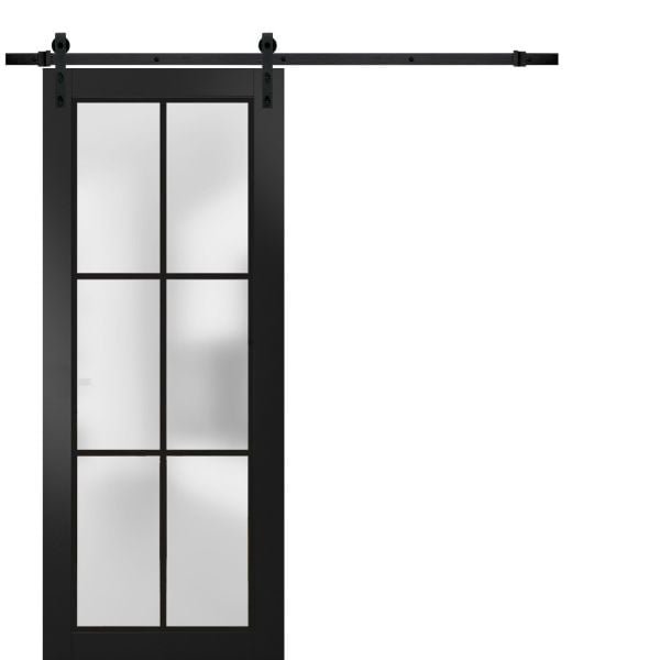 Sturdy Barn Door Frosted Tempered Glass | Planum 2122 Matte Black with Frosted Glass | 6.6FT Black Rail Hangers Heavy Hardware Set | Modern Solid Panel Interior Doors