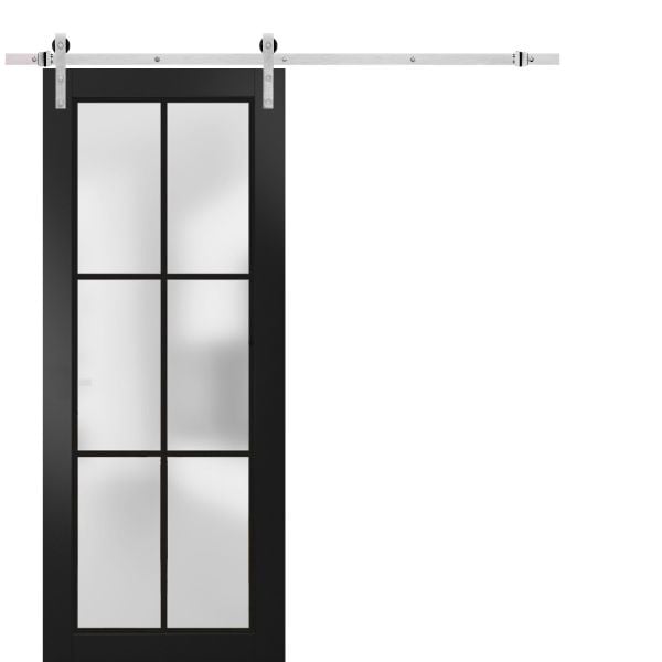 Sturdy Barn Door | Planum 2122 Matte Black with Frosted Glass | 6.6FT Silver Rail Hangers Heavy Hardware Set | Modern Solid Panel Interior Doors