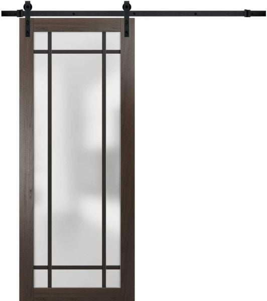 Sturdy Barn Door Frosted Tempered Glass | Planum 2112 Chocolate Ash with Frosted Glass | 6.6FT Black Rail Hangers Heavy Hardware Set | Modern Solid Panel Interior Doors