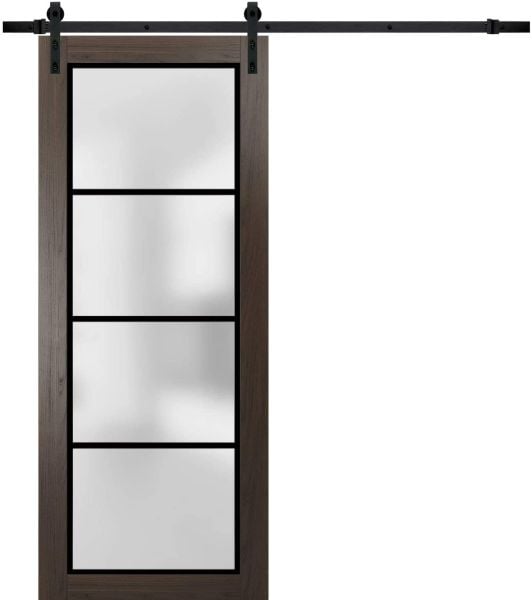 Sturdy Barn Door Frosted Tempered Glass | Planum 2132 Chocolate Ash | 6.6FT Black Rail Hangers Heavy Hardware Set | Modern Solid Panel Interior Doors-18" x 80"-Black Rail