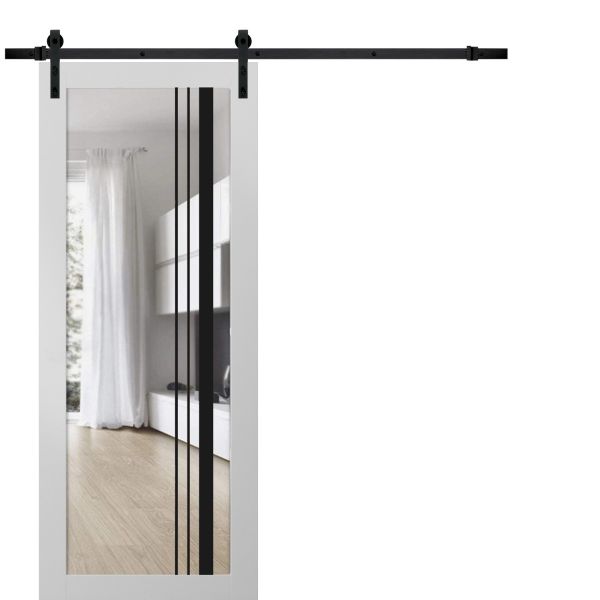 Sturdy Barn Door | Lucia 2566 White Silk with Clear Glass | 6.6FT Black Rail Hangers Heavy Hardware Set | Modern Solid Panel Interior Doors