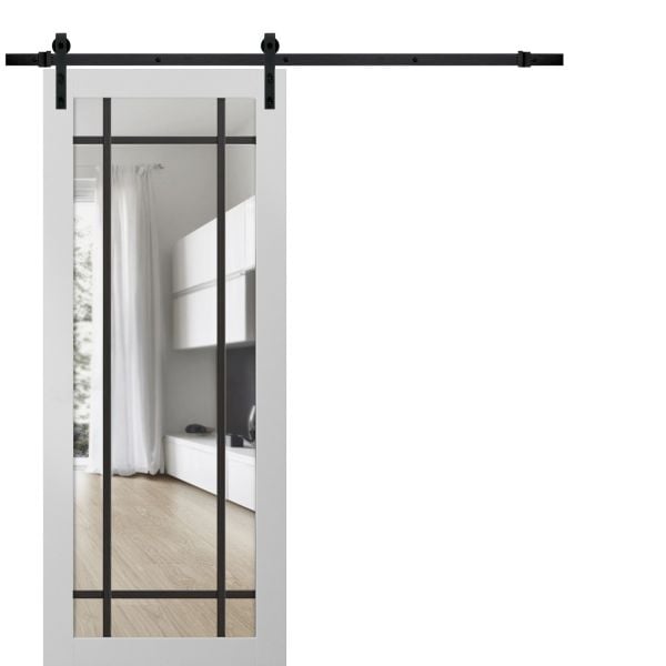 Sturdy Barn Door | Lucia 2266 White Silk with Clear Glass | 6.6FT Black Rail Hangers Heavy Hardware Set | Modern Solid Panel Interior Doors