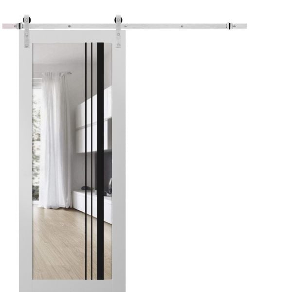 Sturdy Barn Door | Lucia 2566 White Silk with Clear Glass | 6.6FT Silver Rail Hangers Heavy Hardware Set | Modern Solid Panel Interior Doors
