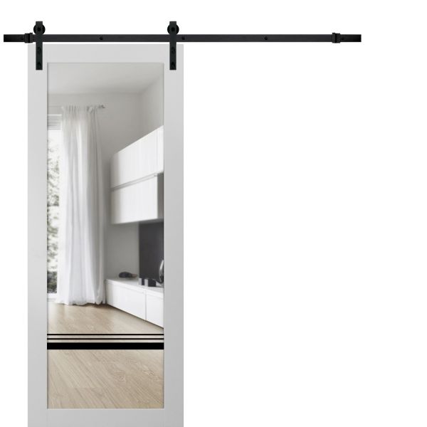 Sturdy Barn Door | Lucia 2666 White Silk with Clear Glass | 6.6FT Black Rail Hangers Heavy Hardware Set | Modern Solid Panel Interior Doors
