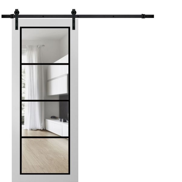 Sturdy Barn Door | Lucia 2466 White Silk with Clear Glass | 6.6FT Black Rail Hangers Heavy Hardware Set | Modern Solid Panel Interior Doors
