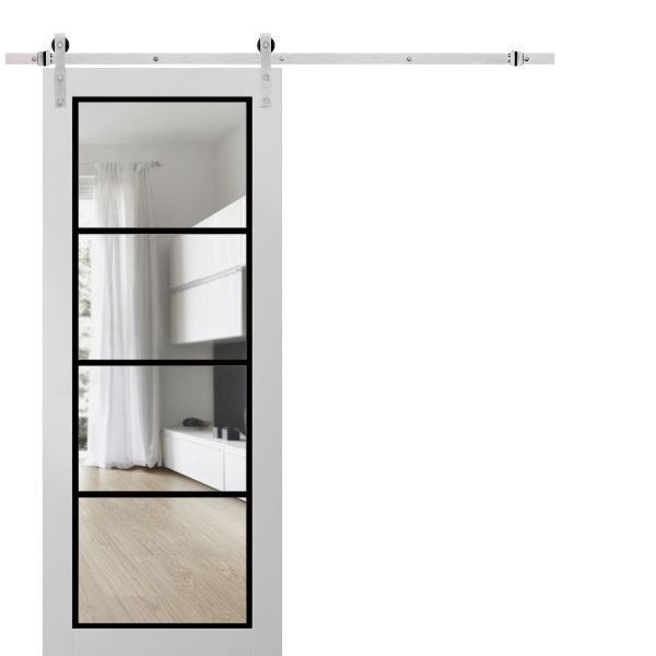 Sturdy Barn Door | Lucia 2466 White Silk with Clear Glass | 6.6FT Silver Rail Hangers Heavy Hardware Set | Modern Solid Panel Interior Doors
