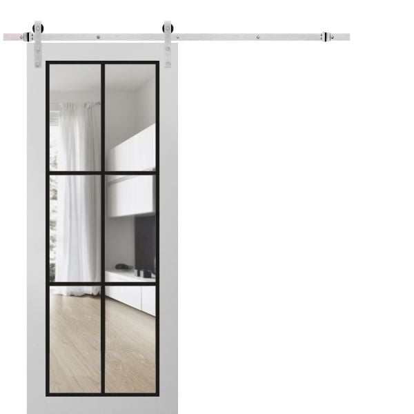 Sturdy Barn Door | Lucia 2366 White Silk with Clear Glass | 6.6FT Silver Rail Hangers Heavy Hardware Set | Modern Solid Panel Interior Doors