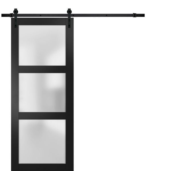 Sturdy Barn Door | Lucia 2552 Matte Black with Frosted Glass | 6.6FT Rail Hangers Heavy Hardware Set | Solid Panel Interior Doors