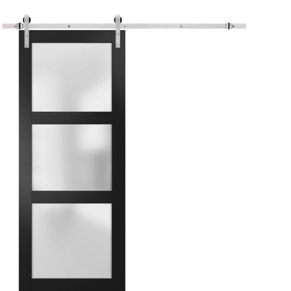 Sturdy Barn Door | Lucia 2552 Matte Black with Frosted Glass | 6.6FT Silver Rail Hangers Heavy Hardware Set | Solid Panel Interior Doors