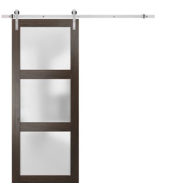 Sturdy Barn Door | Lucia 2552 Chocolate Ash with Frosted Glass | 6.6FT Silver Rail Hangers Heavy Hardware Set | Solid Panel Interior Doors