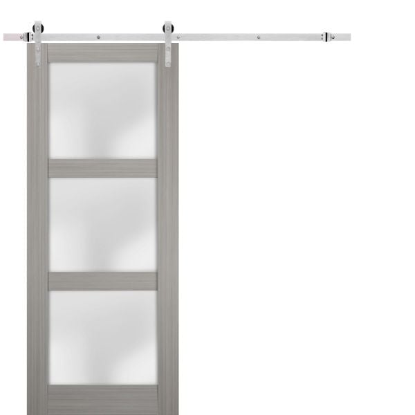 Sturdy Barn Door | Lucia 2552 Grey Ash with Frosted Glass | 6.6FT Silver Rail Hangers Heavy Hardware Set | Solid Panel Interior Doors