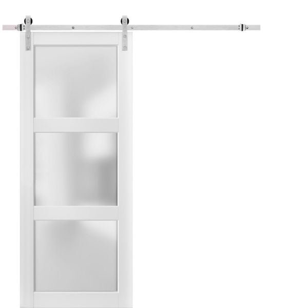 Sliding Barn Door with Stainless Steel 6.6ft Hardware | Lucia 2552 White Silk with Frosted Glass | Rail Hangers Sturdy Silver Set | Lite Wooden Solid Panel Interior Doors
