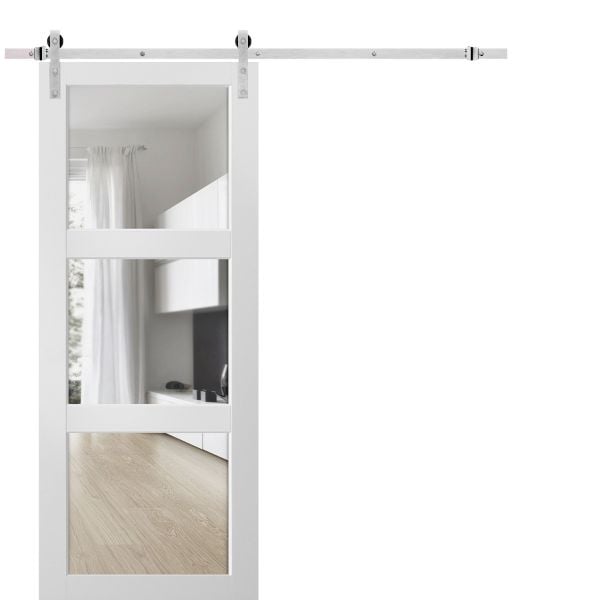 Sturdy Barn Door Clear Glass 3 Lites with Hardware | Lucia 2555 White Silk | Stainless Steel 6.6FT Rail Hangers Heavy Set | Solid Panel Interior Doors