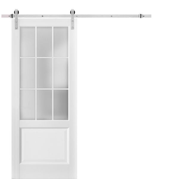 Sturdy Barn Door | Felicia 3309 White Silk with Frosted Glass | Silver 6.6FT Rail Hangers Heavy Hardware Set | Solid Panel Interior Doors