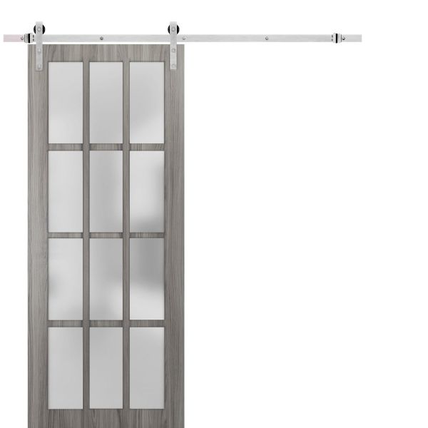 Sturdy Barn Door 12 Lites | Felicia 3312 Ginger Ash with Frosted Glass | 6.6FT Silver Rail Hangers Heavy Hardware Set | Solid Panel Interior Doors