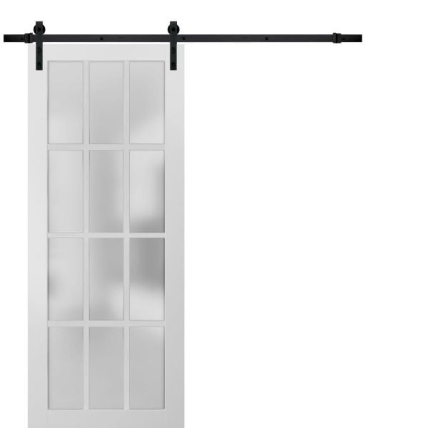 Sturdy Barn Door 12 lites Frosted Glass | Felicia 3312 White Silk | 6.6FT Rail Hangers Heavy Hardware Set | Solid Panel Interior Doors-18" x 80"-Frosted Glass-Black Rail
