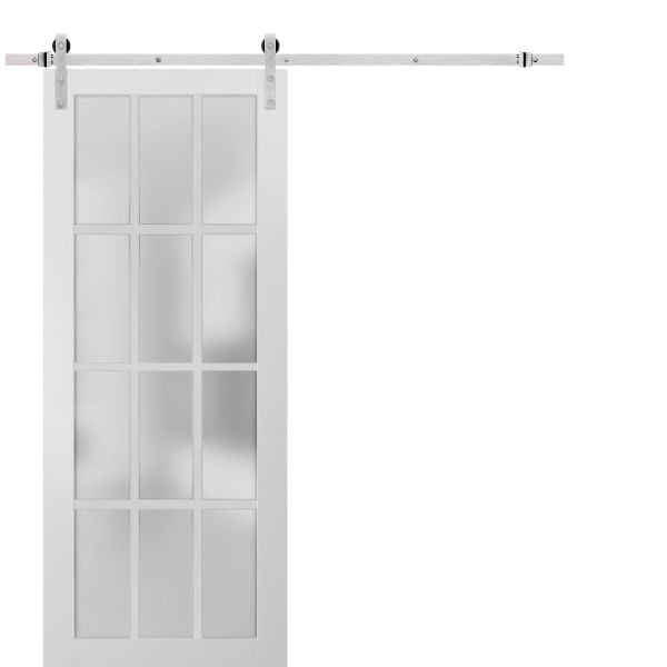 Sturdy Barn Door 12 lites Frosted Glass | Felicia 3312 White Silk | 6.6FT Silver Rail Hangers Heavy Hardware Set | Solid Panel Interior Doors