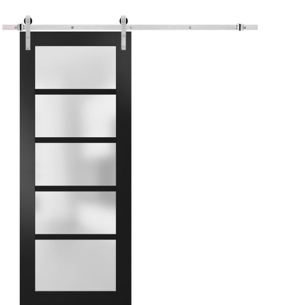 Sturdy Barn Door | Quadro 4002 Black Matte with Frosted Glass | 6.6FT Stainless Steel Rail Hangers Heavy Hardware Set | Solid Panel Interior Doors