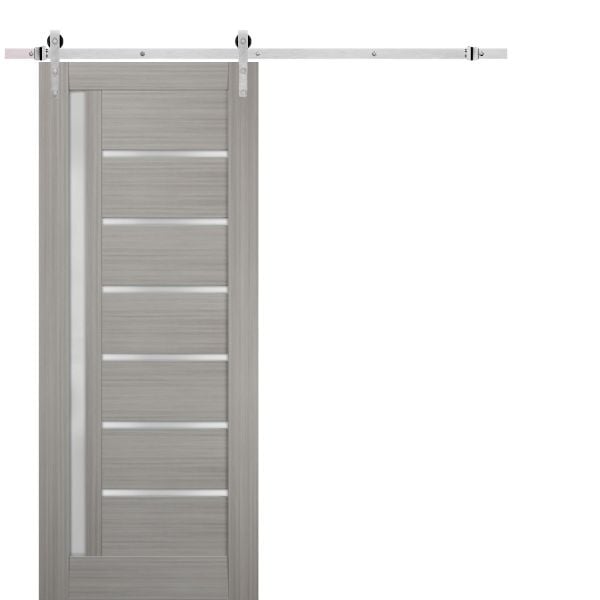 Sturdy Barn Door Frosted Glass | Quadro 4088 Grey Ash | Silver 6.6FT Rail Hangers Heavy Hardware Set | Solid Panel Interior Doors