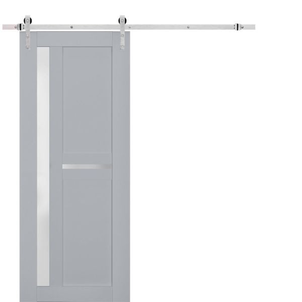 Sturdy Barn Door Frosted Glass | Veregio 7288 Matte Grey | 6.6FT Silver Rail Hangers Heavy Hardware Set | Solid Panel Interior Doors
