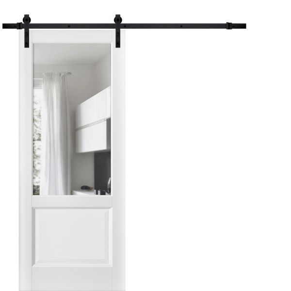 Sturdy Barn Door | Lucia 1533 White Silk with Clear Glass | 6.6FT Rail Hangers Heavy Hardware Set | Solid Panel Interior Doors-18" x 80"-Clear Glass-Black Rail