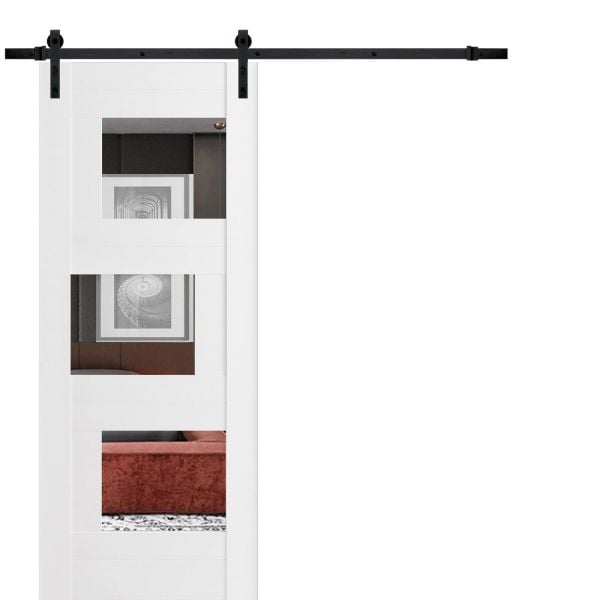 Modern Barn Door / Sete 6999 White Silk with Mirror / Black 6.6FT Rail Track Heavy Hardware Set / Solid Panel Interior Doors