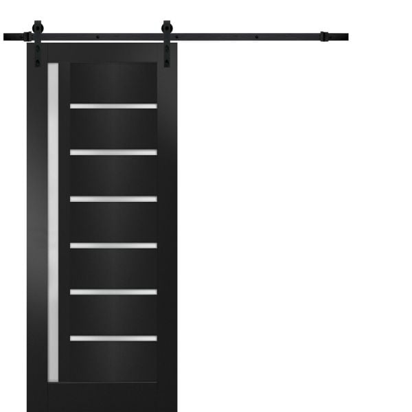Sturdy Barn Door | Quadro 4088 Matte Black with Frosted Glass | 6.6FT Rail Hangers Heavy Hardware Set | Solid Panel Interior Doors-18" x 80"-Black Rail