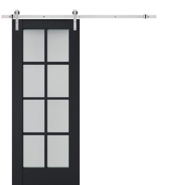 Sturdy Barn Door Frosted Glass | Veregio 7412 Antracite | 6.6FT Silver Rail Hangers Heavy Hardware Set | Solid Panel Interior Doors