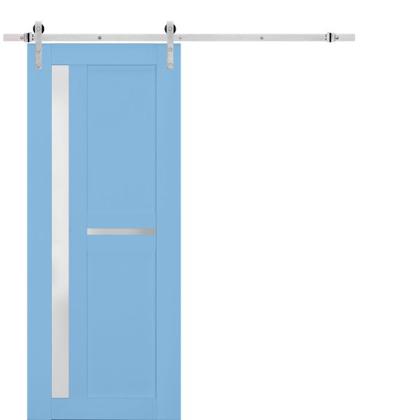 Sturdy Barn Door Frosted Glass | Veregio 7288 Aquamarine | 6.6FT Silver Rail Hangers Heavy Hardware Set | Solid Panel Interior Doors