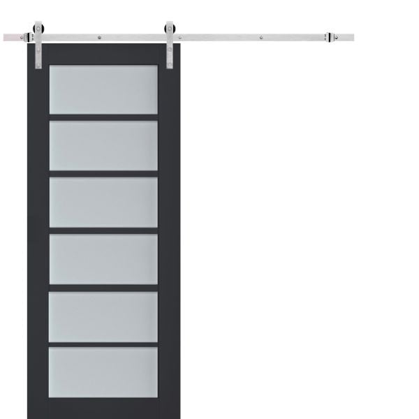 Sturdy Barn Door Frosted Glass | Veregio 7602 Antracite | 6.6FT Silver Rail Hangers Heavy Hardware Set | Solid Panel Interior Doors