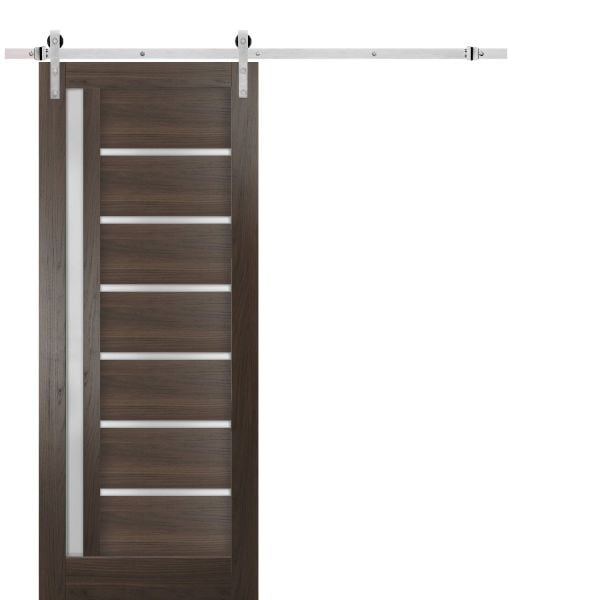 Sturdy Barn Door | Quadro 4088 Chocolate Ash with Frosted Glass | 6.6FT Silver Rail Hangers Heavy Hardware Set | Solid Panel Interior Doors