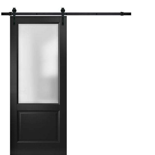 Sturdy Barn Door | Lucia 22 Matte Black with Frosted Glass | 6.6FT Rail Hangers Heavy Hardware Set | Solid Panel Interior Doors-18" x 80"-Black Rail