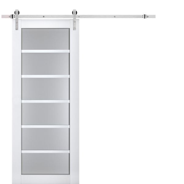 Sturdy Barn Door Frosted Glass | Veregio 7602 White Silk | 6.6FT Silver Rail Hangers Heavy Hardware Set | Solid Panel Interior Doors