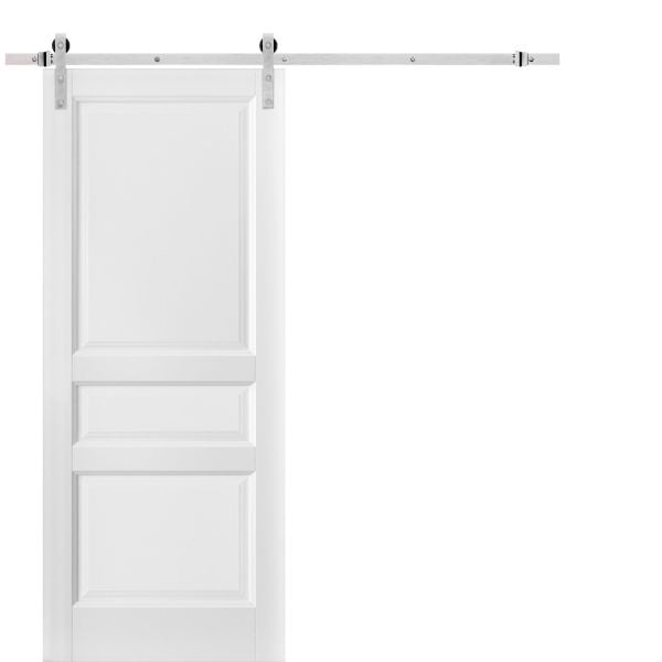 Sliding Barn Door with Stainless Steel 6.6ft Hardware | Lucia 31 White Silk | Rail Hangers Sturdy Silver Set | 3 Paneled Shaker Wooden Solid Panel Interior Doors