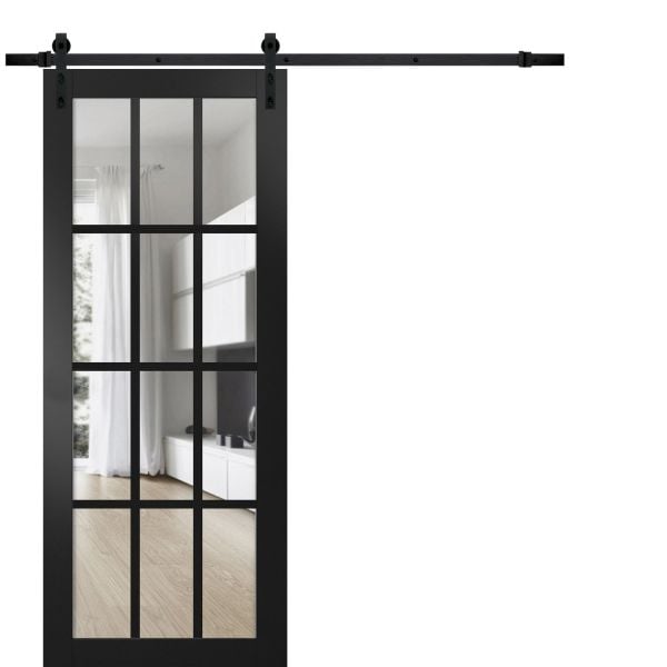 Sturdy Barn Door | Felicia 3355 Matte Black with Clear Glass | 6.6FT Rail Hangers Heavy Hardware Set | Solid Panel Interior Doors-18" x 80"-Black Rail