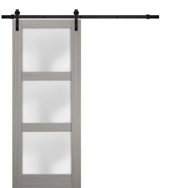 Sturdy Barn Door | Lucia 2552 Grey Ash with Frosted Glass | 6.6FT Rail Hangers Heavy Hardware Set | Solid Panel Interior Doors-18" x 80"-Black Rail