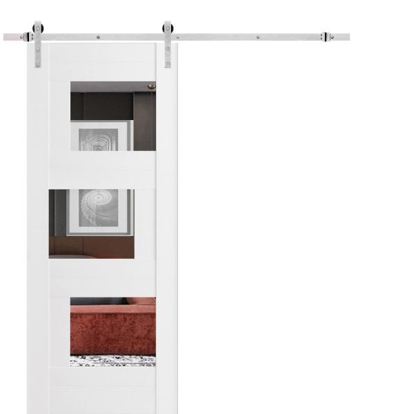 Modern Barn Door with Hardware / Sete 6999 White Silk with Mirror / Stainless Steel 6.6FT Rail Track Set / Solid Panel Interior Doors