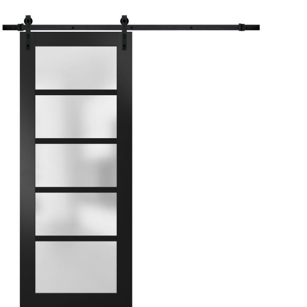 Sturdy Barn Door | Quadro 4002 Black Matte with Frosted Glass | 6.6FT Rail Hangers Heavy Hardware Set | Solid Panel Interior Doors