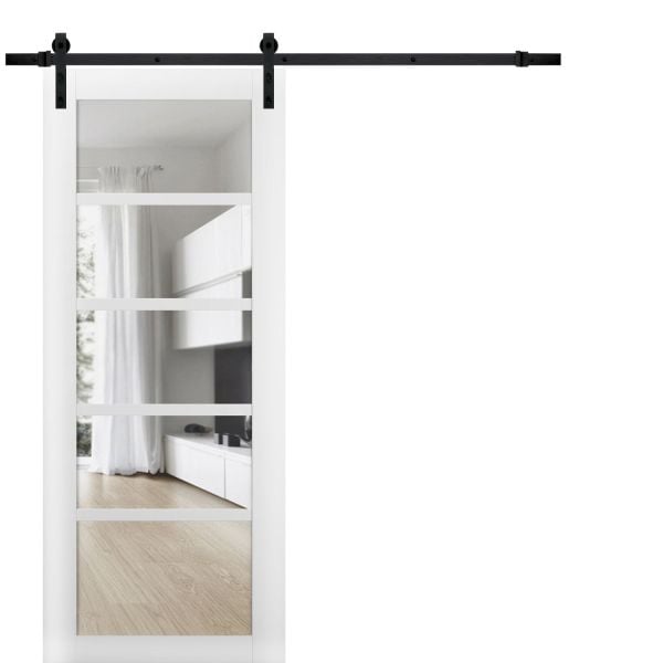 Sturdy Barn Door | Quadro 4522 White Silk with Clear Glass | 6.6FT Rail Hangers Heavy Hardware Set | Solid Panel Interior Doors-18" x 80"-Clear Glass-Black Rail