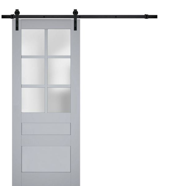 Sturdy Barn Door | Veregio 7339 Matte Grey with Frosted Glass | 6.6FT Rail Hangers Heavy Hardware Set | Solid Panel Interior Doors