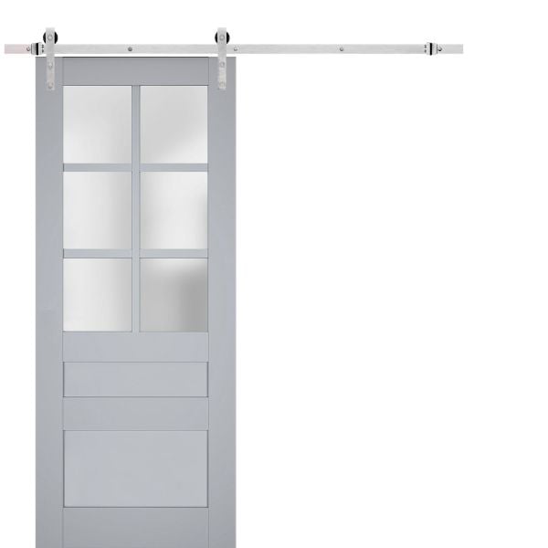 Sturdy Barn Door Frosted Glass | Veregio 7339 Matte Grey | 6.6FT Silver Rail Hangers Heavy Hardware Set | Solid Panel Interior Doors